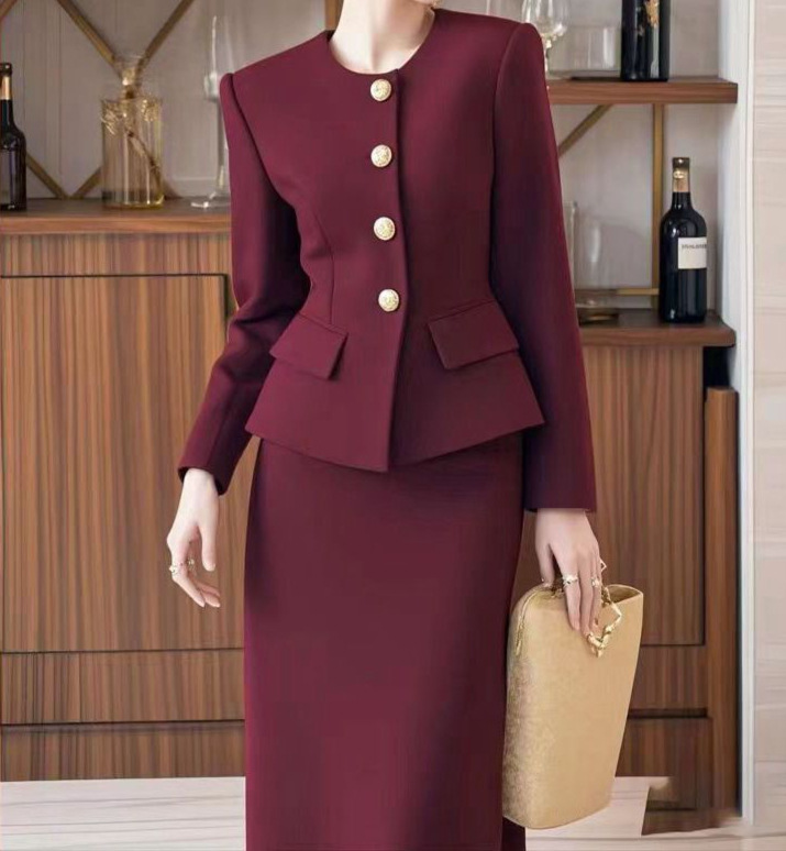 "DUMA"Women Fall Ankora Red Wine Red Coat and Skirt Set Sophisticated Elegant 2‑Piece Outfit