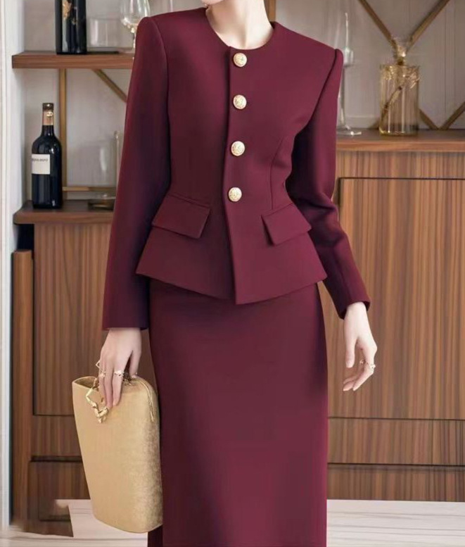 "DUMA"Women Fall Ankora Red Wine Red Coat and Skirt Set Sophisticated Elegant 2‑Piece Outfit