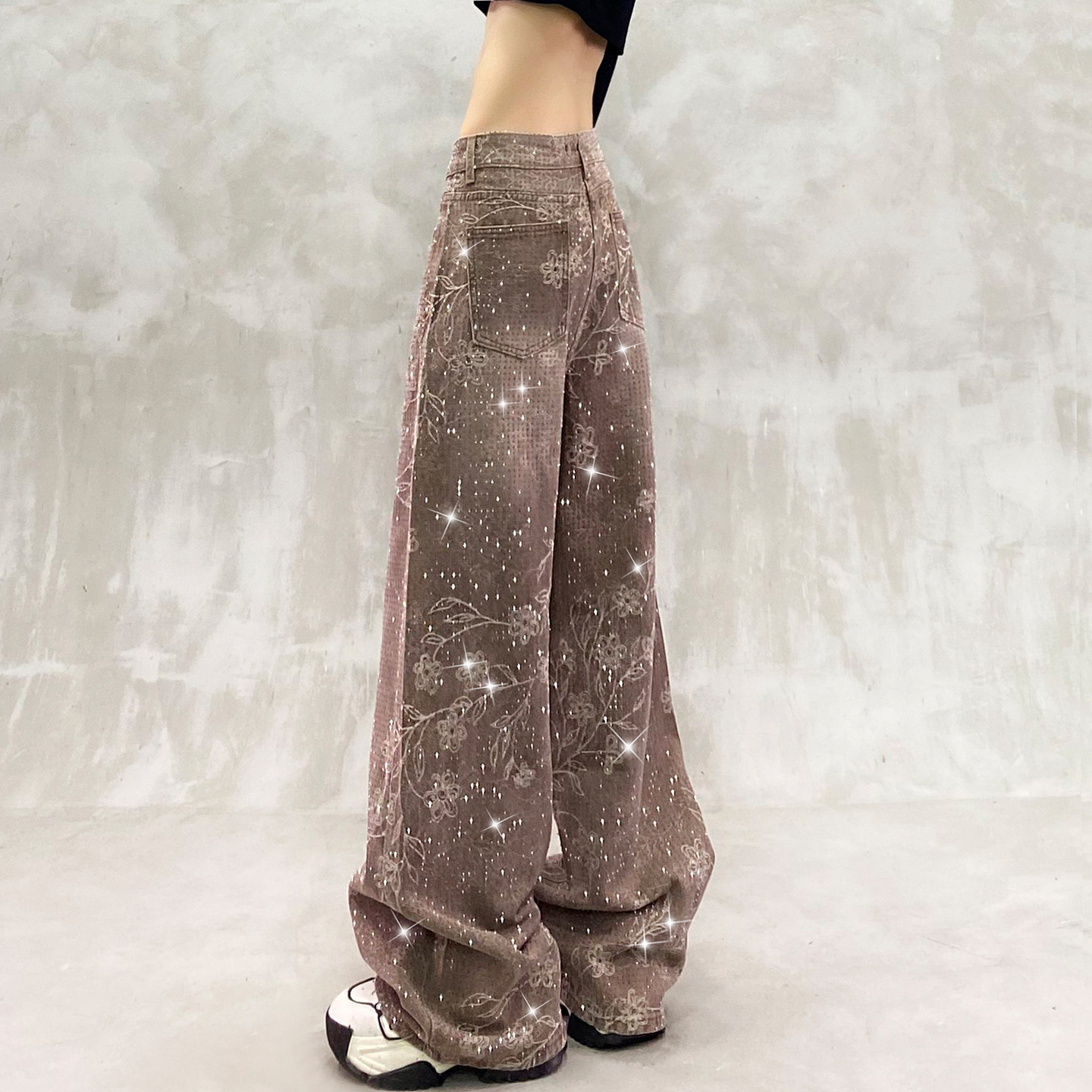 Women's Fall Jeans High-Waisted Loose Fit Slimming Versatile Straight Leg Flared Jeans with Starry Print and Paillettes
