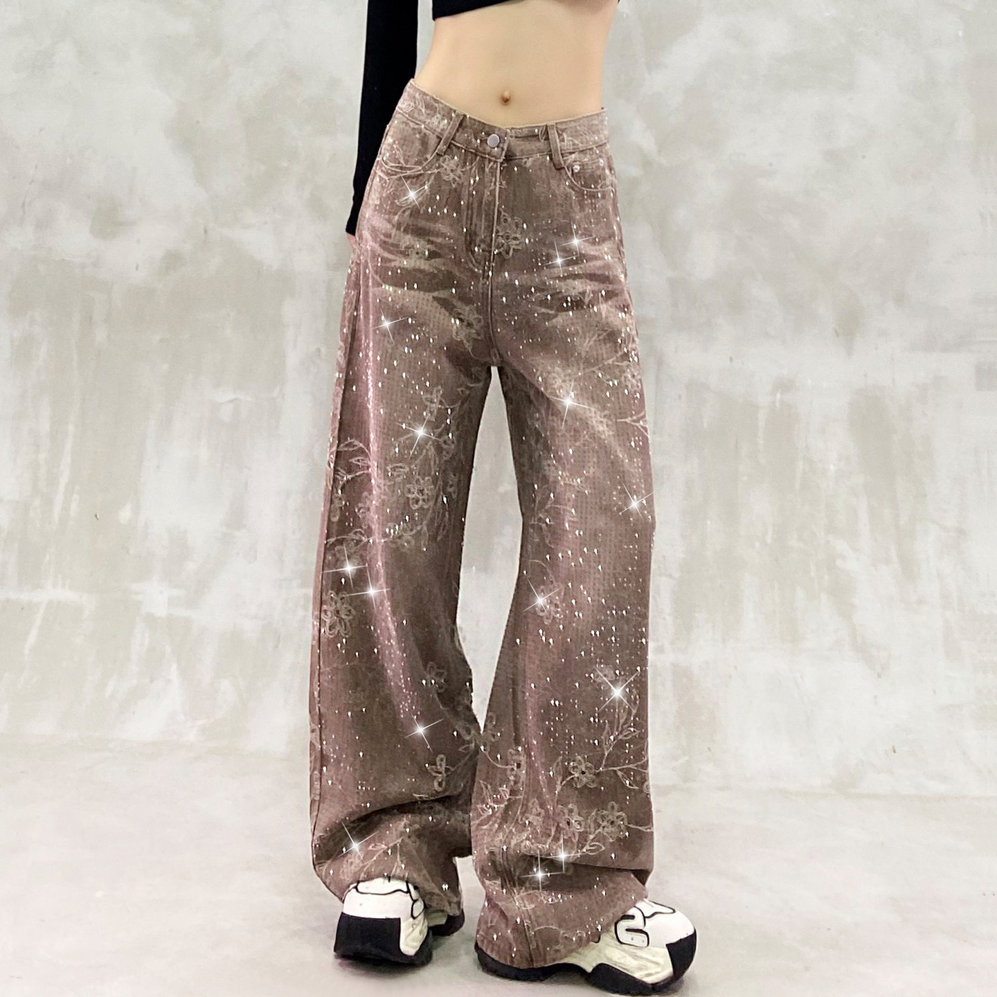 Women's Fall Jeans High-Waisted Loose Fit Slimming Versatile Straight Leg Flared Jeans with Starry Print and Paillettes