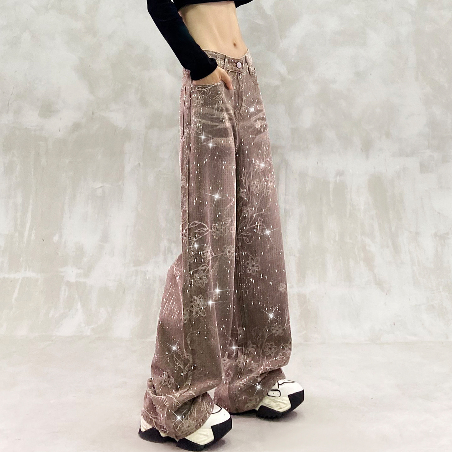 Women's Fall Jeans High-Waisted Loose Fit Slimming Versatile Straight Leg Flared Jeans with Starry Print and Paillettes