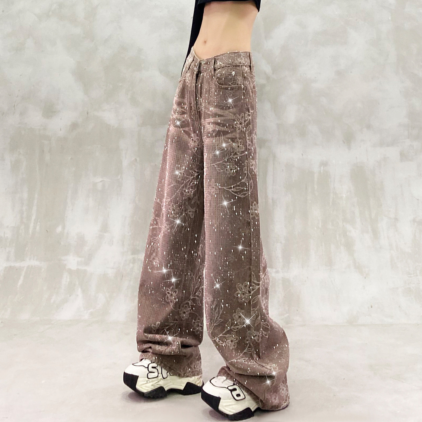 Women's Fall Jeans High-Waisted Loose Fit Slimming Versatile Straight Leg Flared Jeans with Starry Print and Paillettes