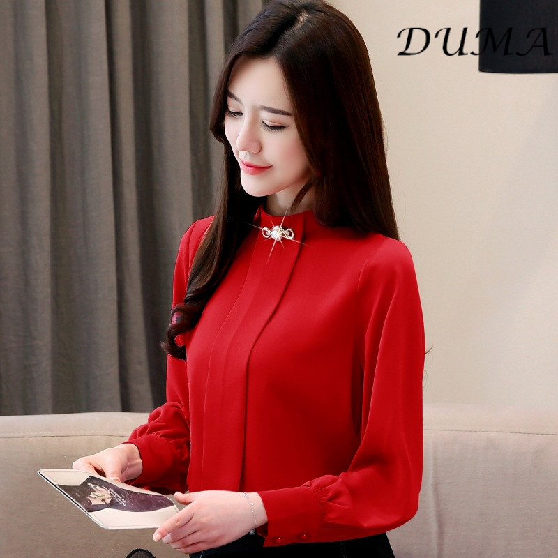 "DUMA" Plus Size Women's Fall Top Stand Collar Blouse Long Sleeve Chiffon Shirt Loose Casual Basic Shirt