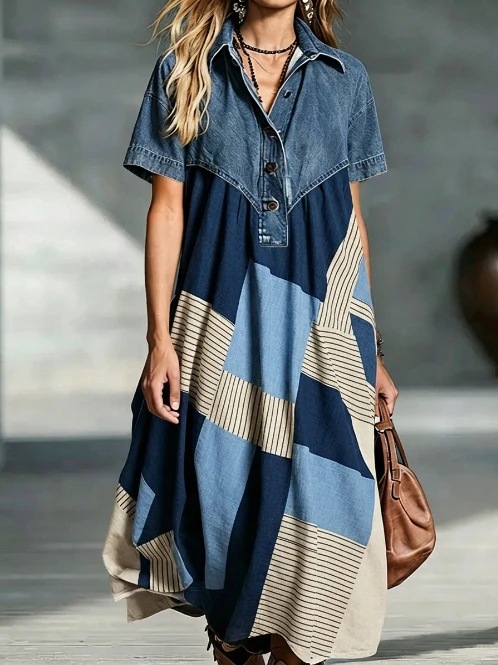 New Women's Casual Fashion Denim Patchwork Loose Retro Print Dress