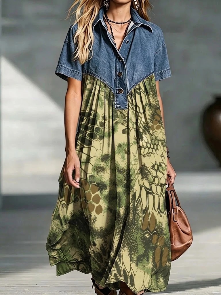 New Women's Casual Fashion Denim Patchwork Loose Retro Print Dress