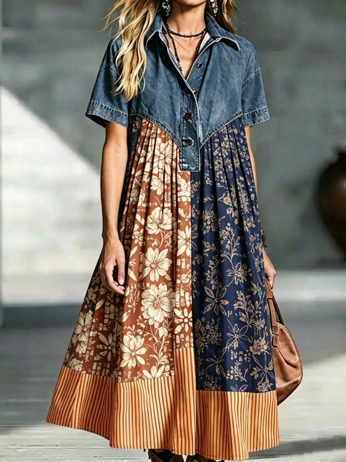 New Women's Casual Fashion Denim Patchwork Loose Retro Print Dress