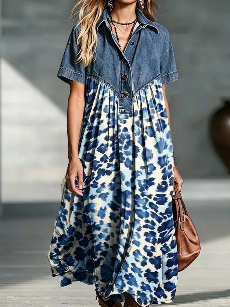 New Women's Casual Fashion Denim Patchwork Loose Retro Print Dress
