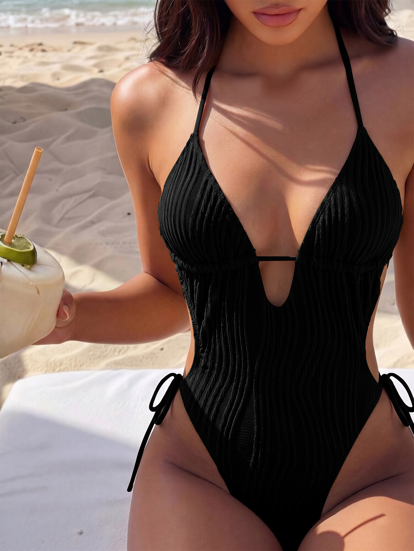 Sexy Halter V Neck Wrinkled Female Swimwear One Piece Swimsuit Women Backless Monokini High Leg Cut Bathing Suit Swim Beach Wear