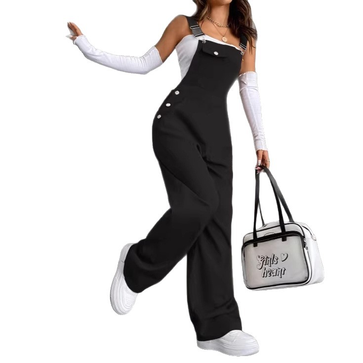 2026 European Retro Pockets Solid Color Straight Leg Workover Belted One-Piece Pants Loose Fashion Casual Women's Pants