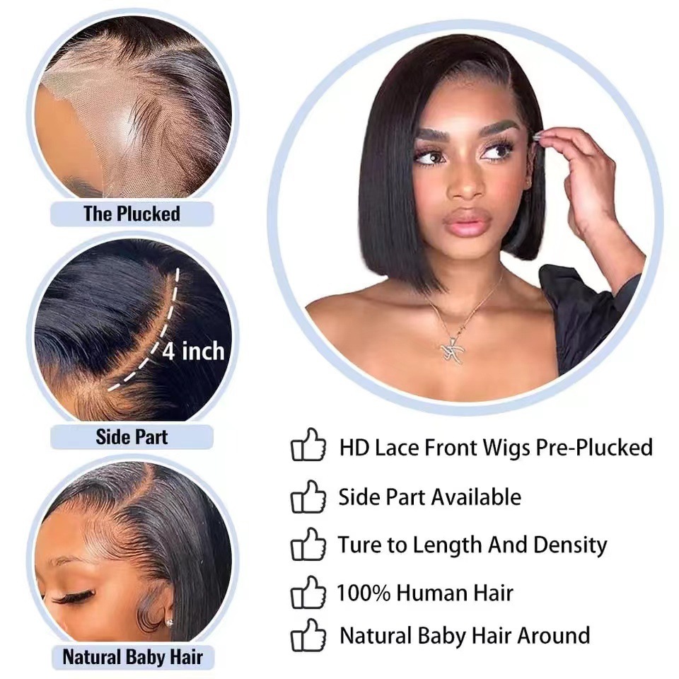 Fashion Short Bob Wig 13x4 Hd Clear Lace Straight Brazilian Pre Plucked Neat Remy Hair 200 Density Skin Friendly Elegant Wigs