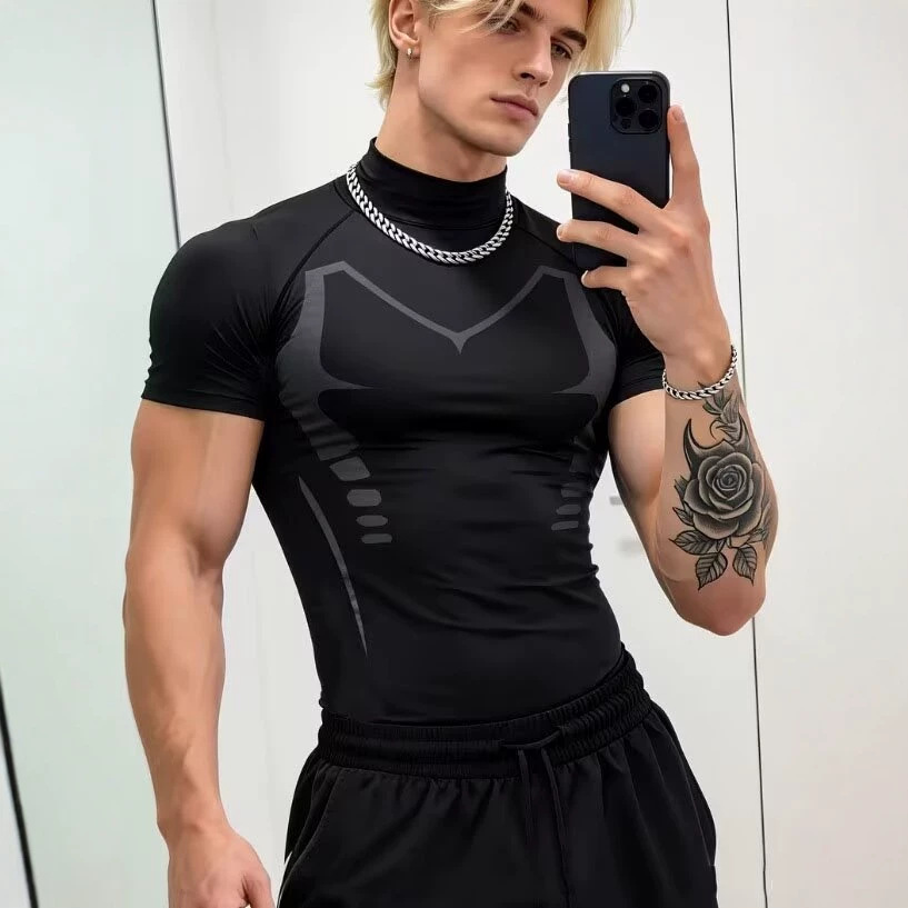 Men's Printed Compression Fit Quick Dry T-Shirt, High Elastic Breathable Gym Workout Top for Basketball Running