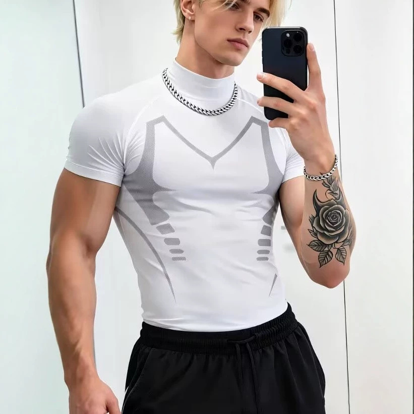 Men's Printed Compression Fit Quick Dry T-Shirt, High Elastic Breathable Gym Workout Top for Basketball Running
