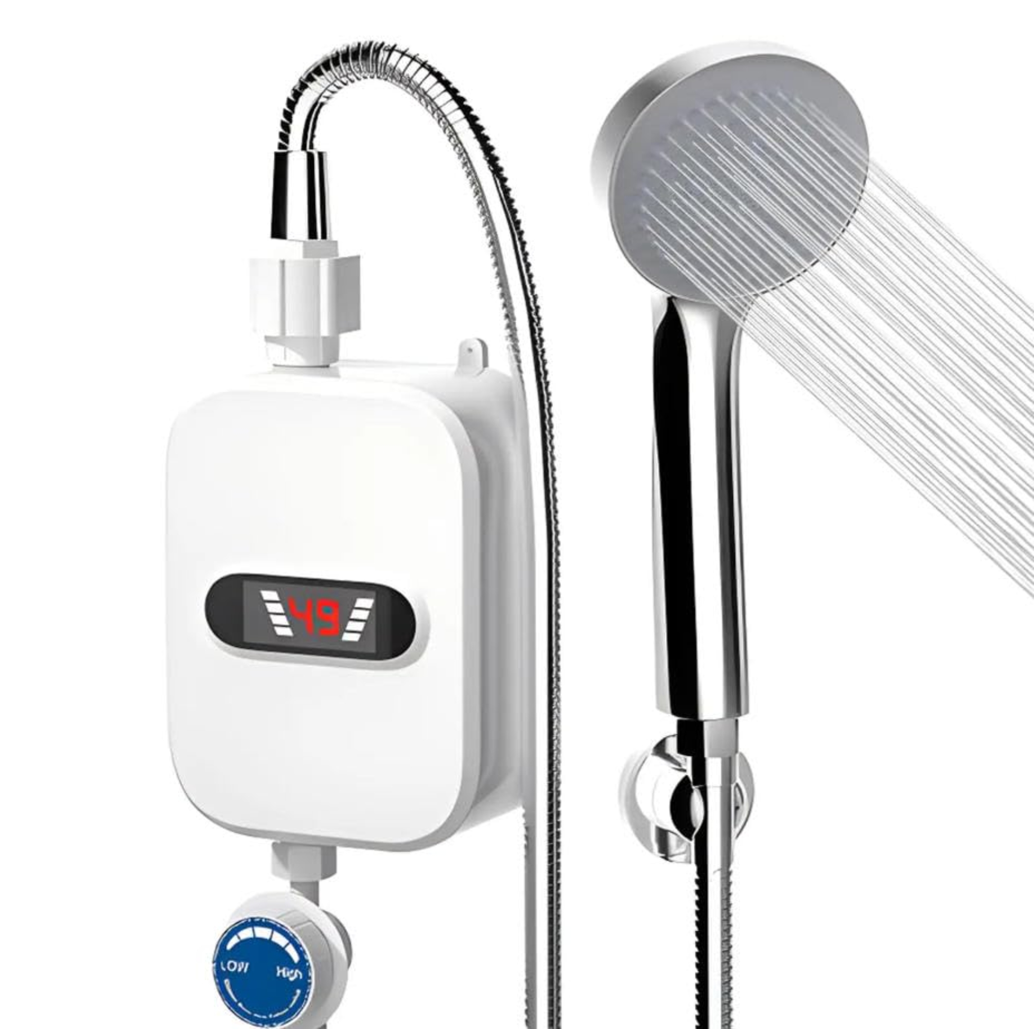 3500W Electric Tankless Water Heater Shower Head Set, Instant Hot Water Heater LCD Display, White