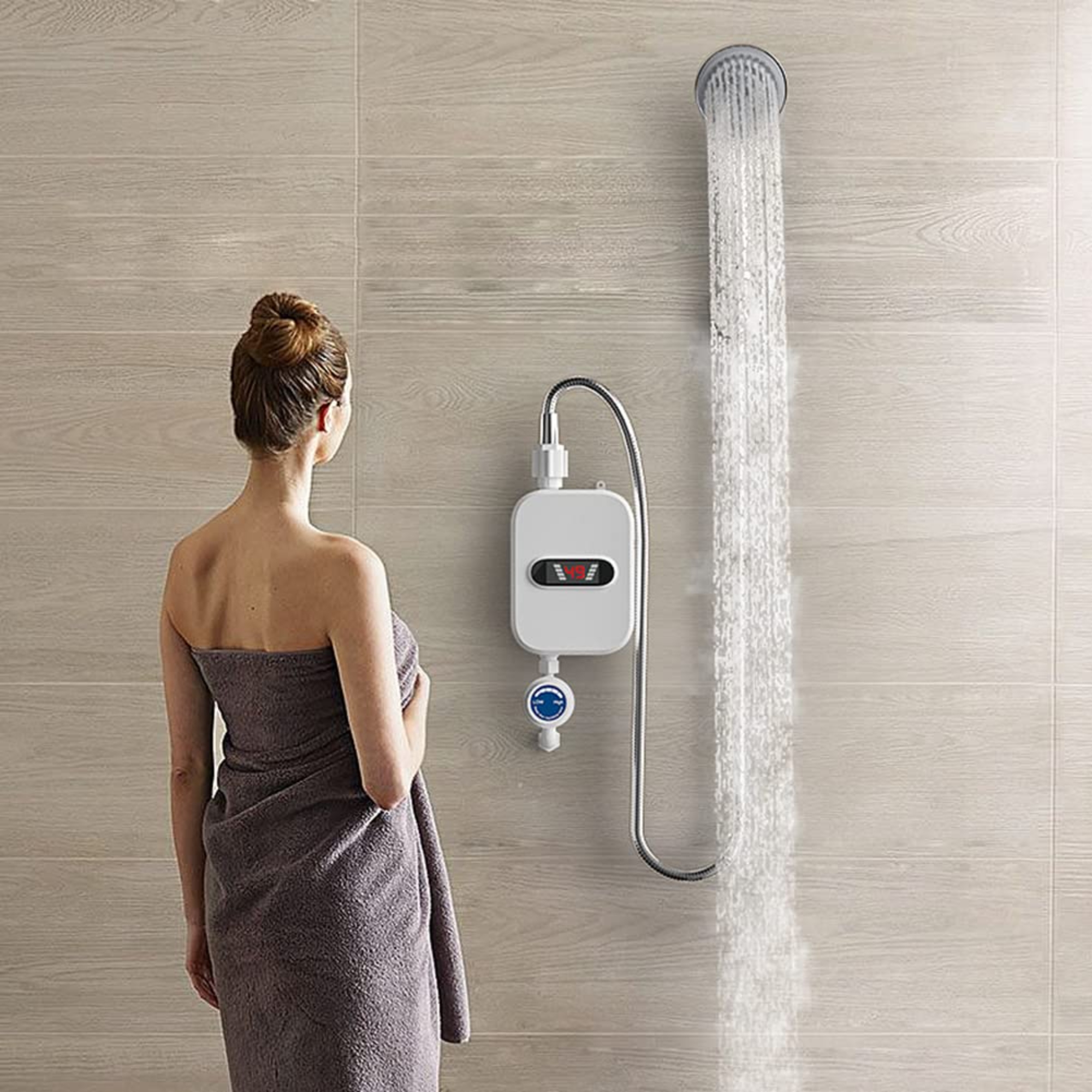 3500W Electric Tankless Water Heater Shower Head Set, Instant Hot Water Heater LCD Display, White