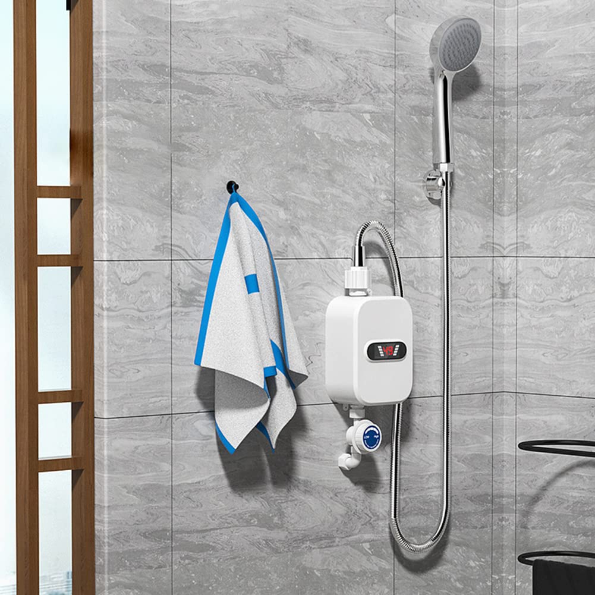 3500W Electric Tankless Water Heater Shower Head Set, Instant Hot Water Heater LCD Display, White