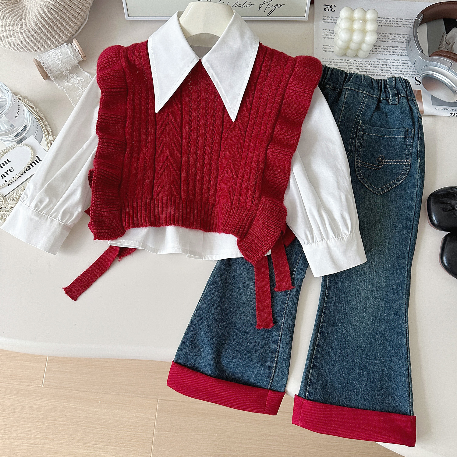 2026 Autumn New Korean Girls Sweater Vest Shirt Jeans Three-Piece Baby Temperament Suit 90-140cm