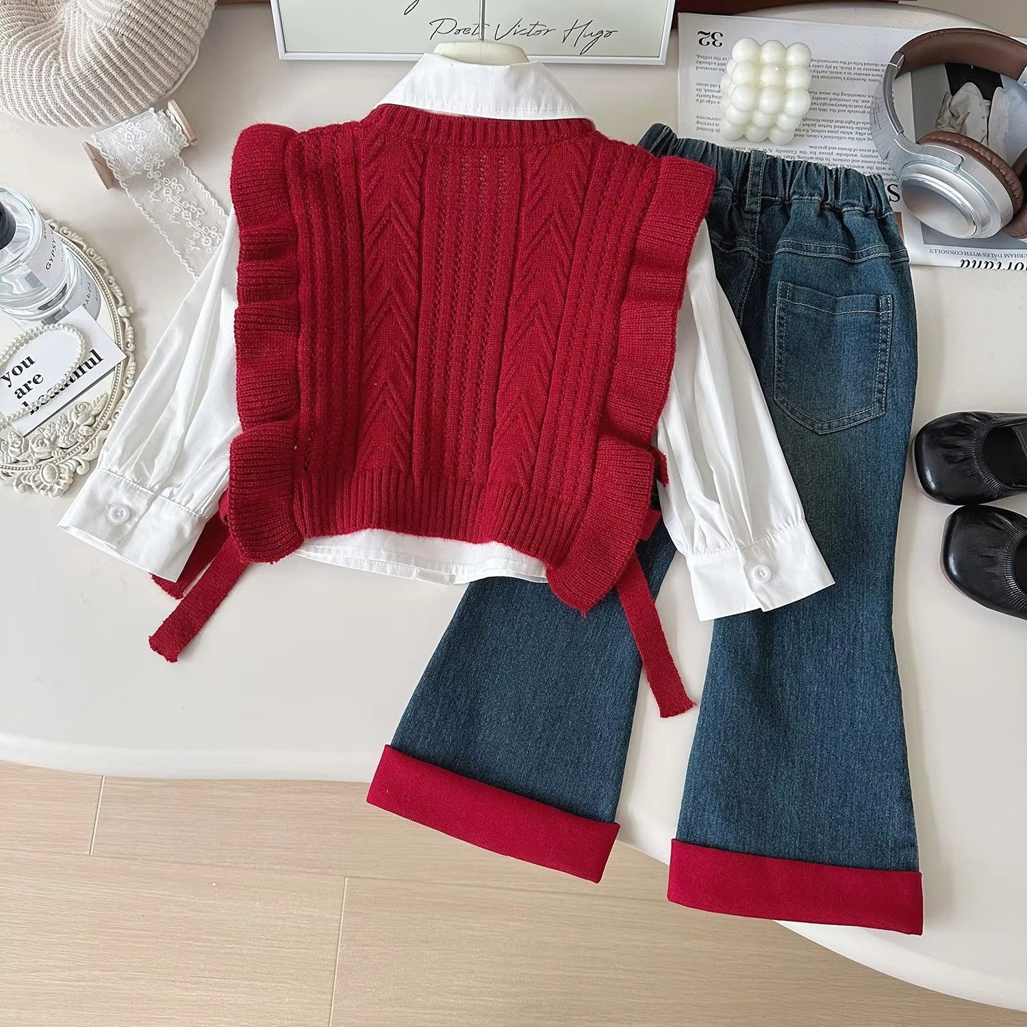 2026 Autumn New Korean Girls Sweater Vest Shirt Jeans Three-Piece Baby Temperament Suit 90-140cm