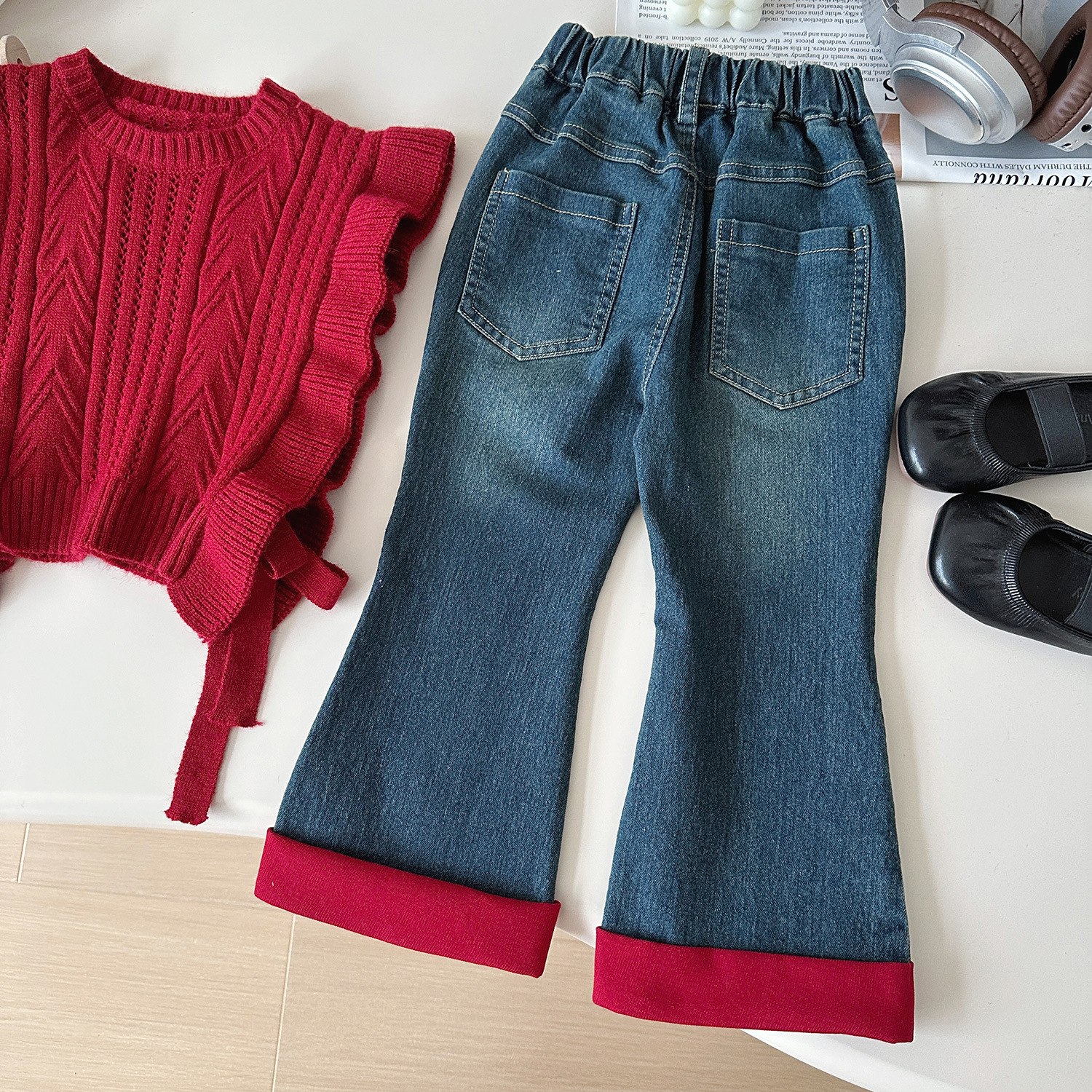 2026 Autumn New Korean Girls Sweater Vest Shirt Jeans Three-Piece Baby Temperament Suit 90-140cm