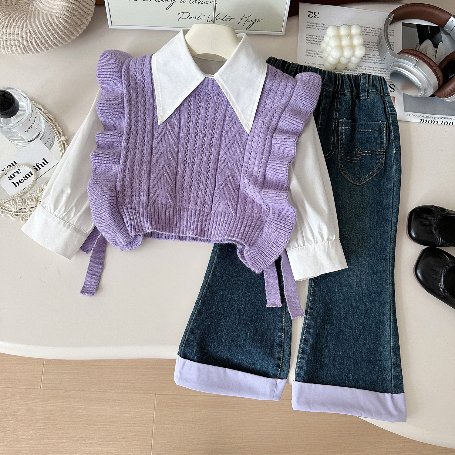 Girls Spring Autumn Spring New Korean Style Woolen Vest Shirt Jeans Three-piece Set