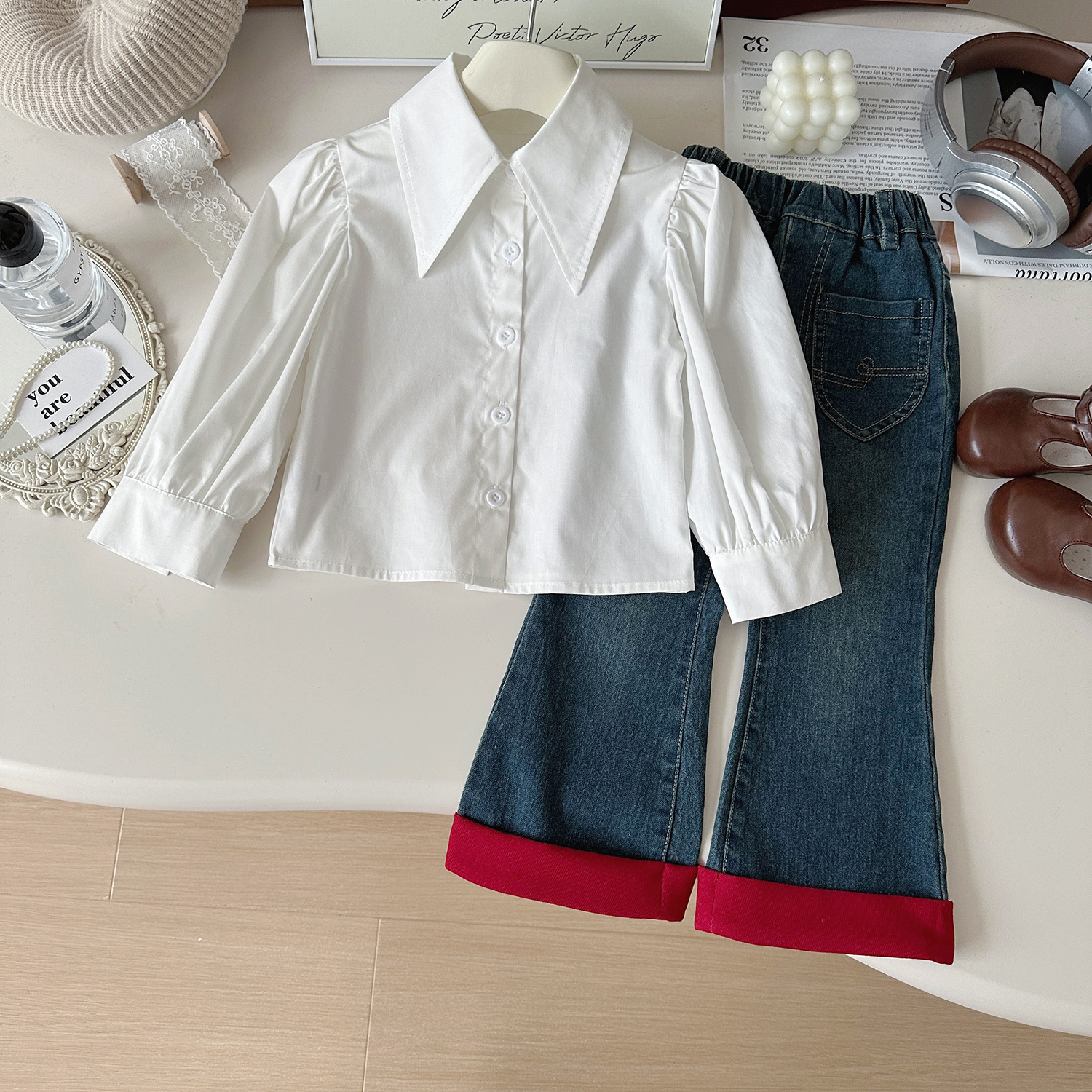 Girls Spring Autumn Spring New Korean Style Woolen Vest Shirt Jeans Three-piece Set