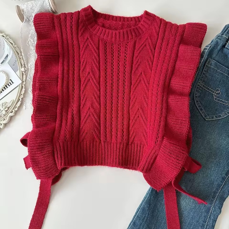 Girls Spring Autumn Spring New Korean Style Woolen Vest Shirt Jeans Three-piece Set
