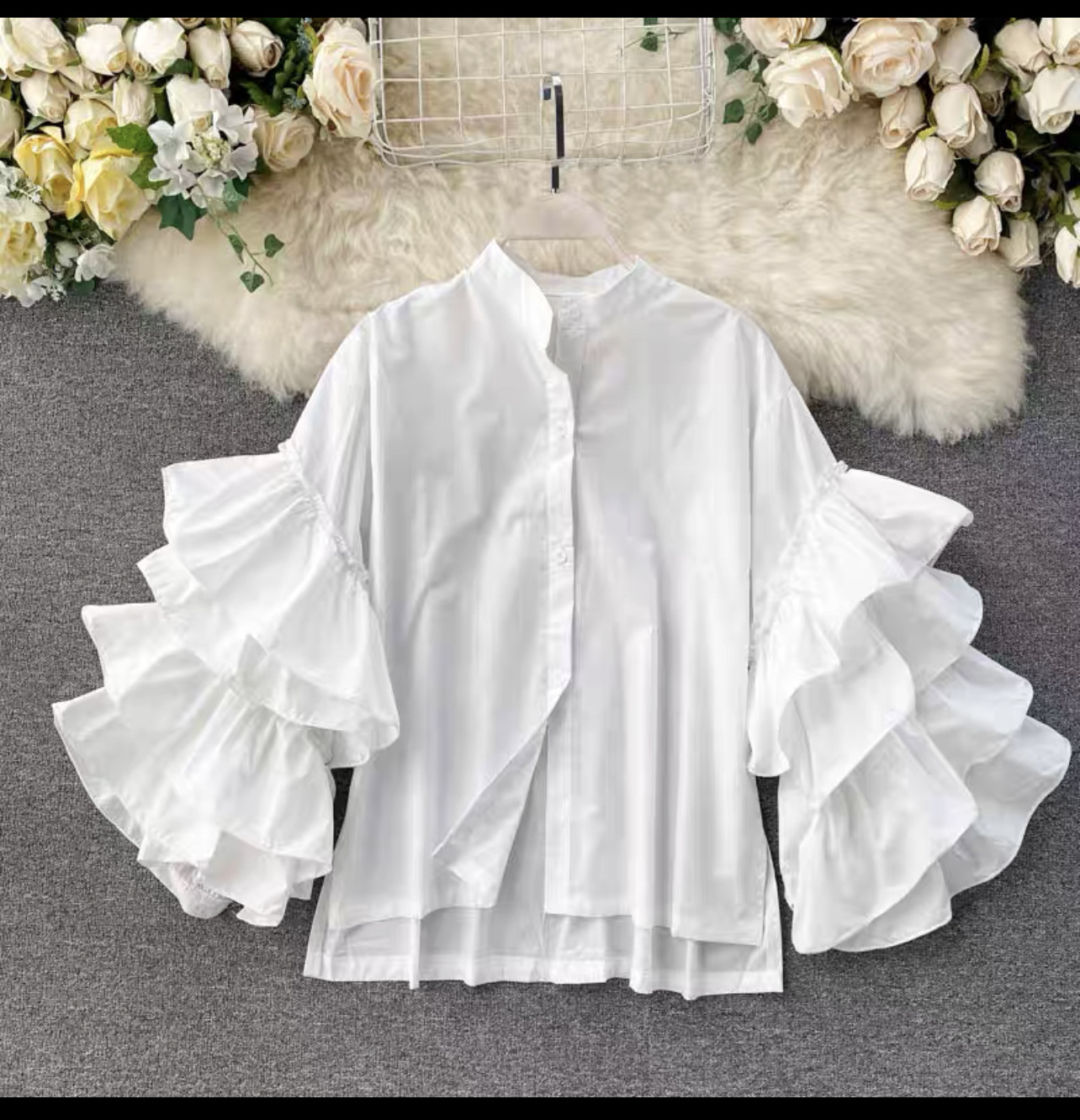 fashionable shirt women's multi-layer ruffled flared sleeve shirt loose and versatile small stand up collar top