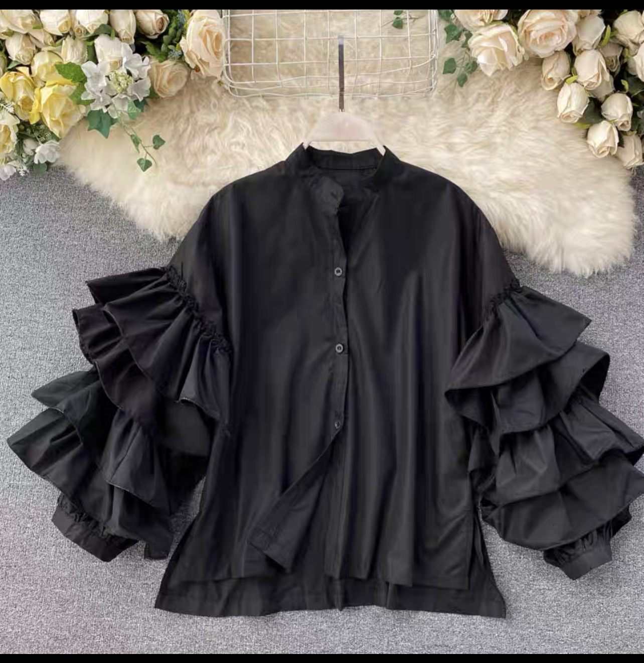 fashionable shirt women's multi-layer ruffled flared sleeve shirt loose and versatile small stand up collar top