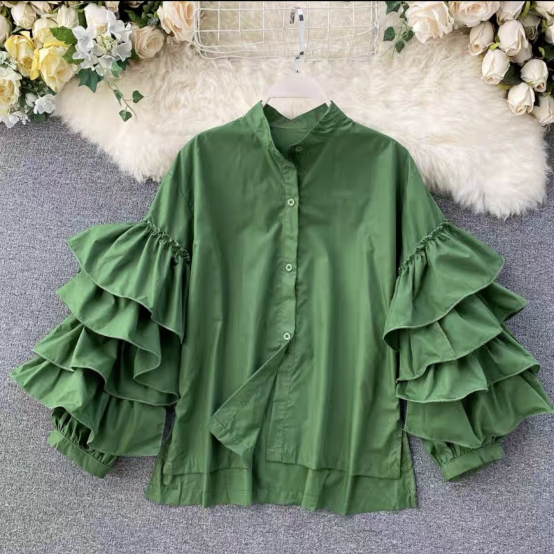 fashionable shirt women's multi-layer ruffled flared sleeve shirt loose and versatile small stand up collar top