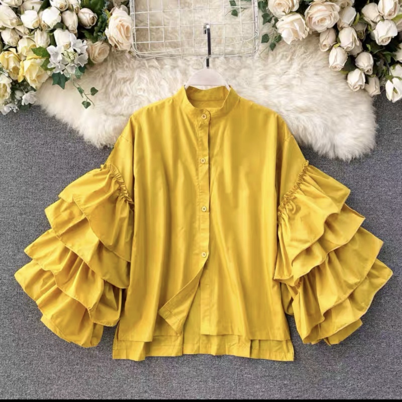 fashionable shirt women's multi-layer ruffled flared sleeve shirt loose and versatile small stand up collar top