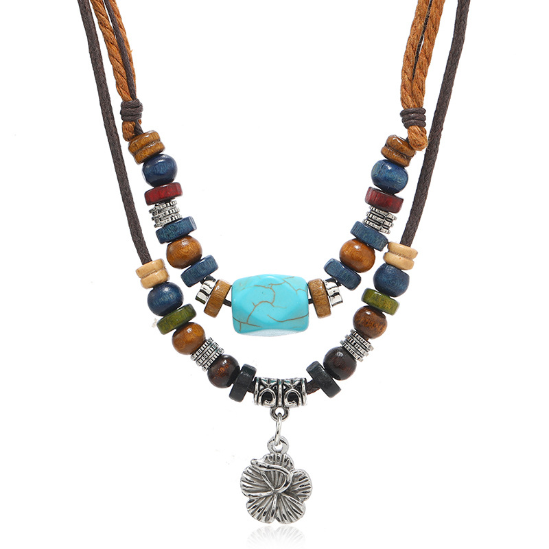 Bohemia Multi Layered Leather Staone Beads Rope Necklace Vintage Fashion Retro Flower Pendant Necklace for Men Women