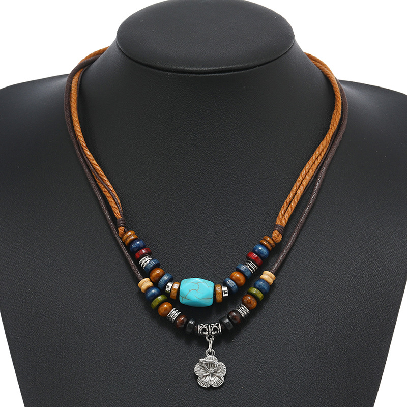 Bohemia Multi Layered Leather Staone Beads Rope Necklace Vintage Fashion Retro Flower Pendant Necklace for Men Women