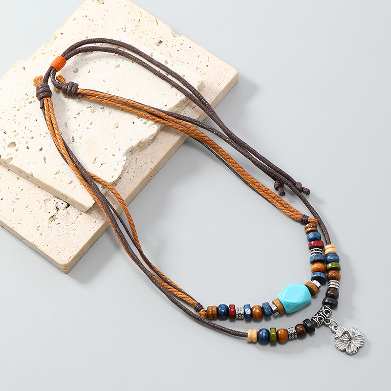 Bohemia Multi Layered Leather Staone Beads Rope Necklace Vintage Fashion Retro Flower Pendant Necklace for Men Women