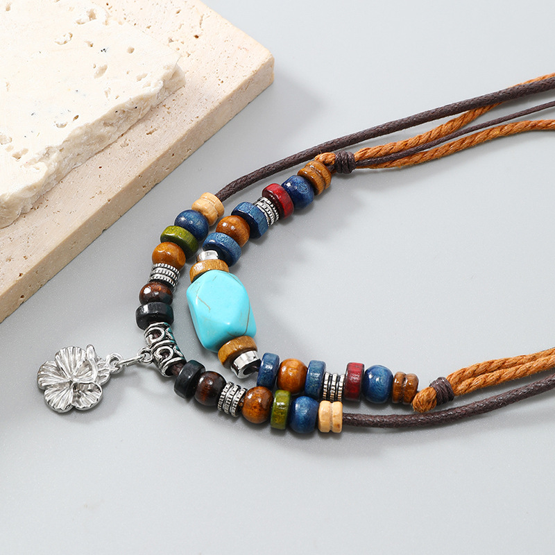 Bohemia Multi Layered Leather Staone Beads Rope Necklace Vintage Fashion Retro Flower Pendant Necklace for Men Women