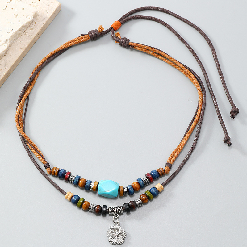 Bohemia Multi Layered Leather Staone Beads Rope Necklace Vintage Fashion Retro Flower Pendant Necklace for Men Women