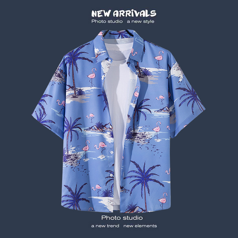 Thai Floral Print Short Sleeve Men's Shirt Beach Vacation Versatile Summer Hawaiian Retro Style Beachwear Polyester Fabric