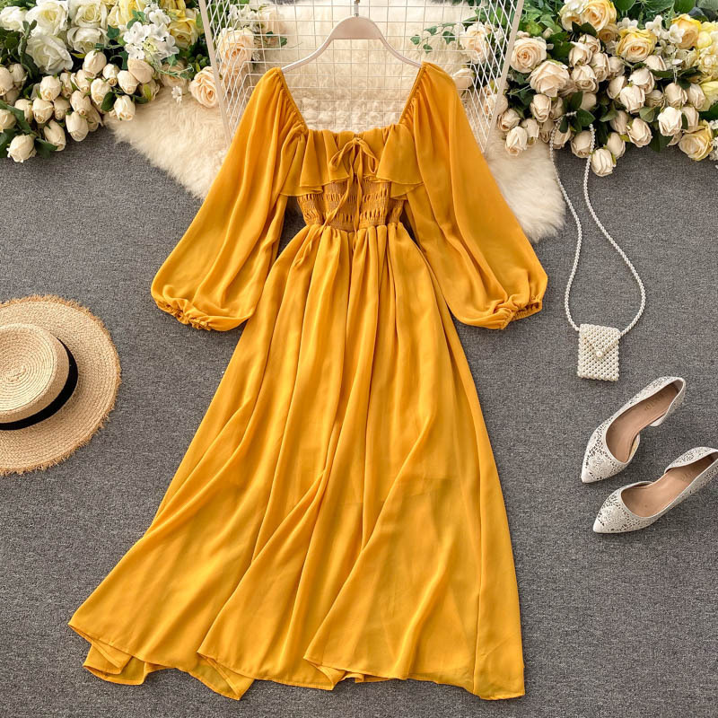 Chic gentle style dress women's new style women's French retro square neck Western style bubble sleeve chiffon skirt