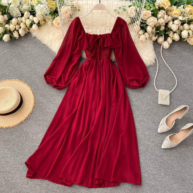 Chic gentle style dress women's new style women's French retro square neck Western style bubble sleeve chiffon skirt