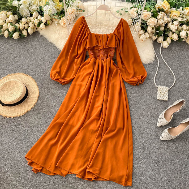 Chic gentle style dress women's new style women's French retro square neck Western style bubble sleeve chiffon skirt