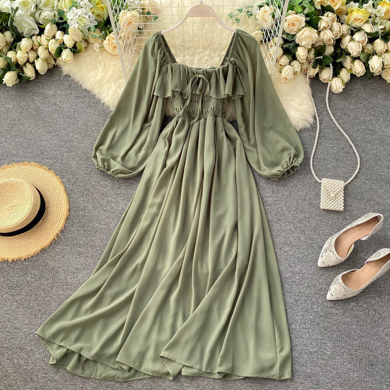 Chic gentle style dress women's new style women's French retro square neck Western style bubble sleeve chiffon skirt