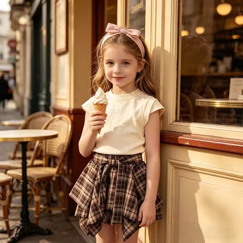Girls' New High Quality Sleeveless Blouse Plaid Skirt Two-Piece Set