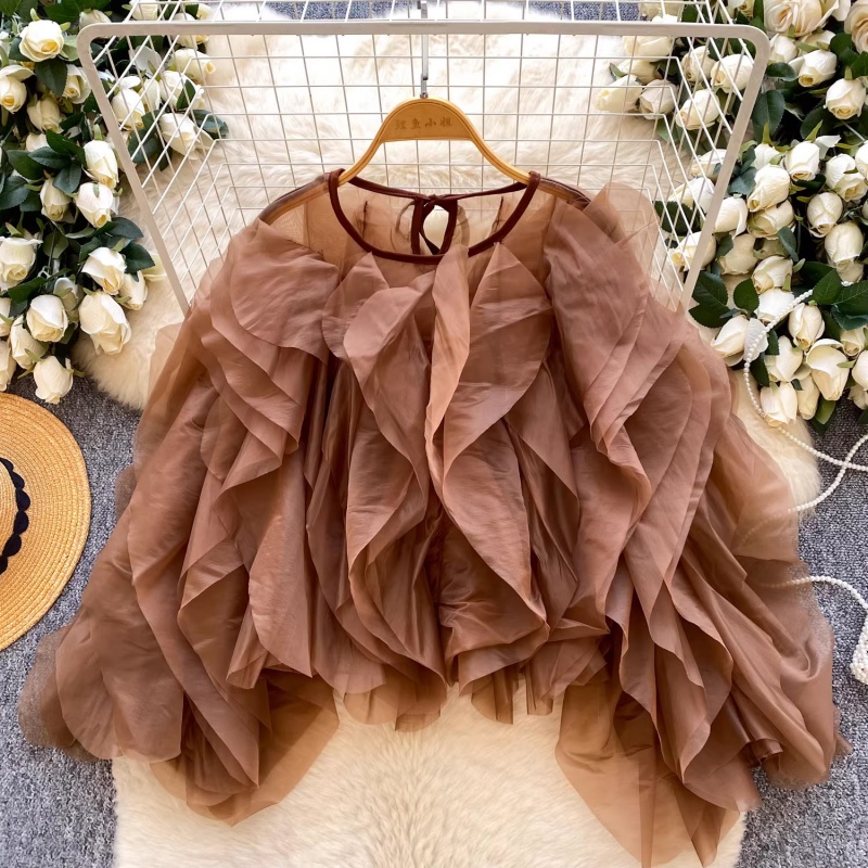 Elegant temperament shirt women's top 2026 spring new style high-end splicing multi-layer mesh shirt for women
