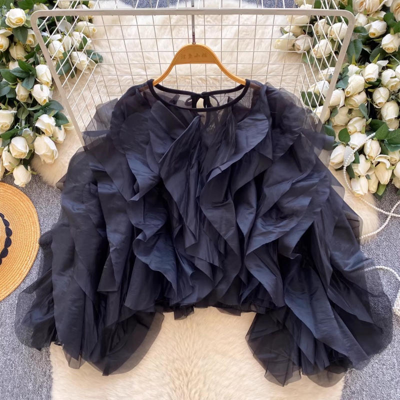 Elegant temperament shirt women's top 2026 spring new style high-end splicing multi-layer mesh shirt for women