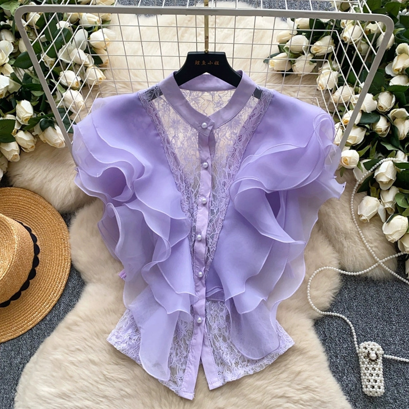 Ladies' court style sleeveless shirt with summer mesh ruffled lace mesh luxury and chic top free size