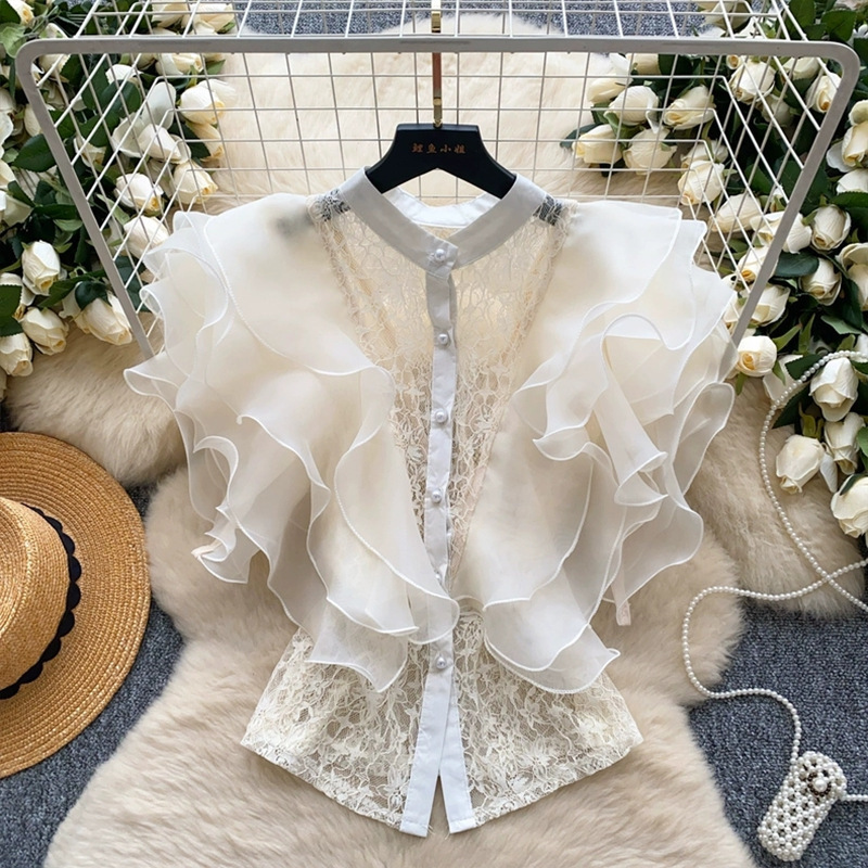 Ladies' court style sleeveless shirt with summer mesh ruffled lace mesh luxury and chic top free size