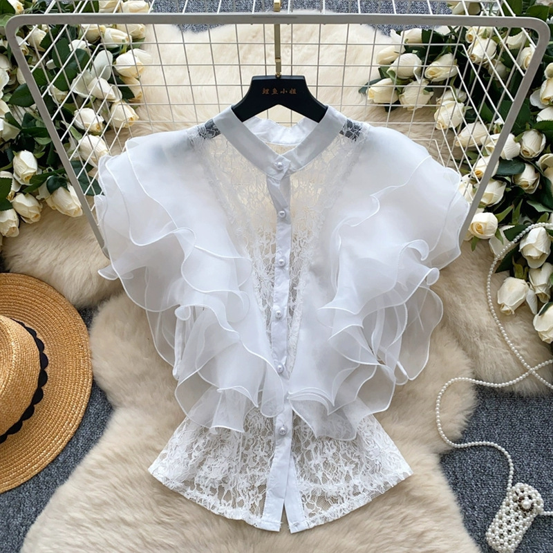 Ladies' court style sleeveless shirt with summer mesh ruffled lace mesh luxury and chic top free size