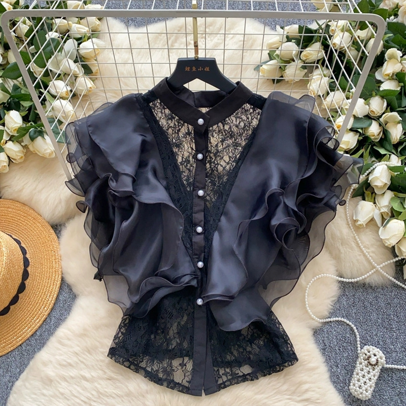 Ladies' court style sleeveless shirt with summer mesh ruffled lace mesh luxury and chic top free size