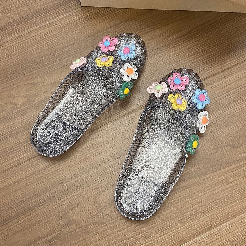 Crystal slippers women's sandals flat bottomed transparent half slippers fashionable jelly best friend crystal shoes