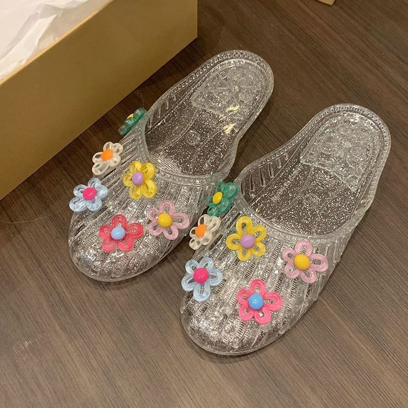 Crystal slippers women's sandals flat bottomed transparent half slippers fashionable jelly best friend crystal shoes
