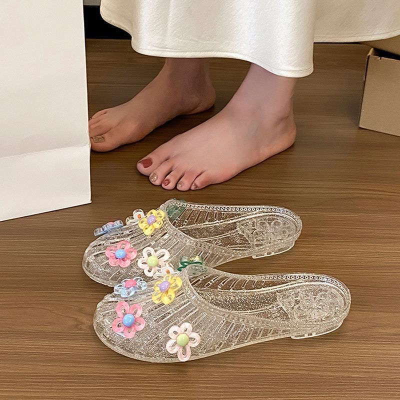 Crystal slippers women's sandals flat bottomed transparent half slippers fashionable jelly best friend crystal shoes