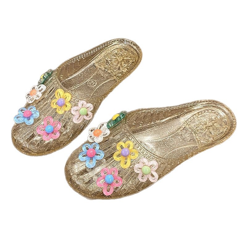 Crystal slippers women's sandals flat bottomed transparent half slippers fashionable jelly best friend crystal shoes